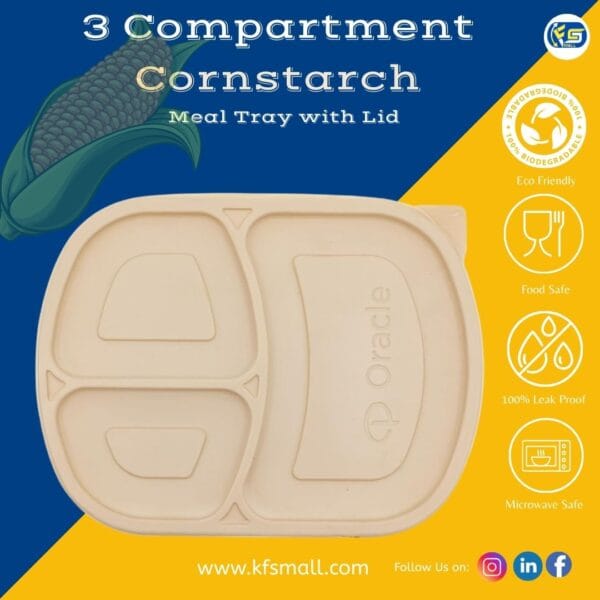 3 Compartment Cornstarch Meal Box Tray With Lid