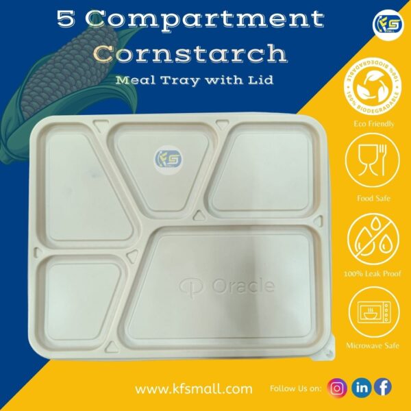 5 Compartment Cornstarch Meal Box Tray With Lid